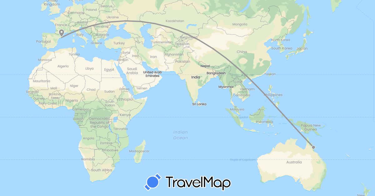 TravelMap itinerary: driving, plane in Australia, Spain (Europe, Oceania)